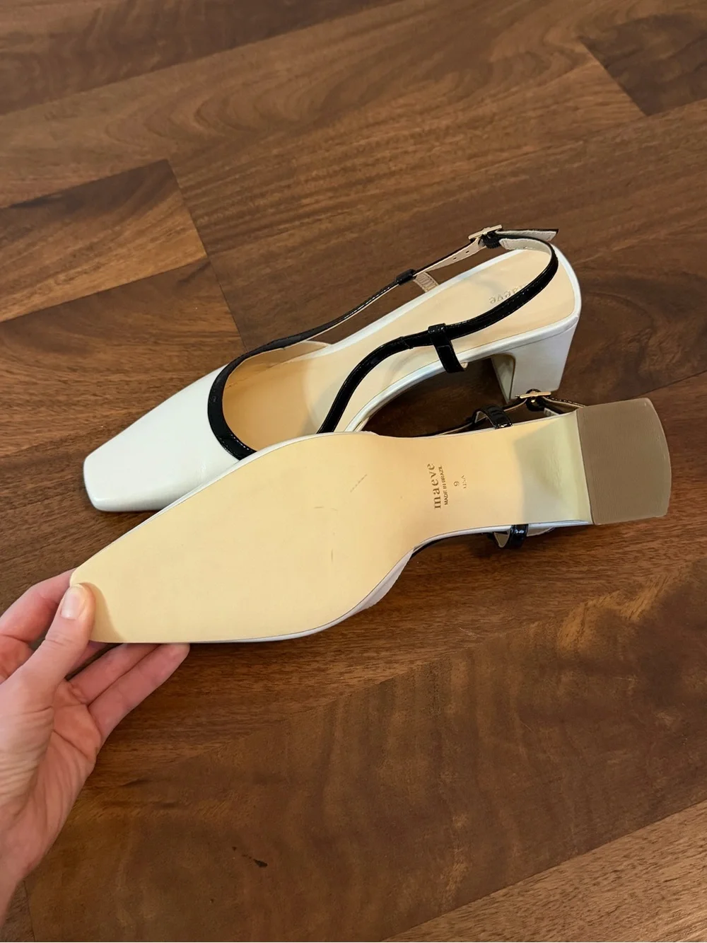 Maeve White Pointed Slingback Block Heel with Black Trim
